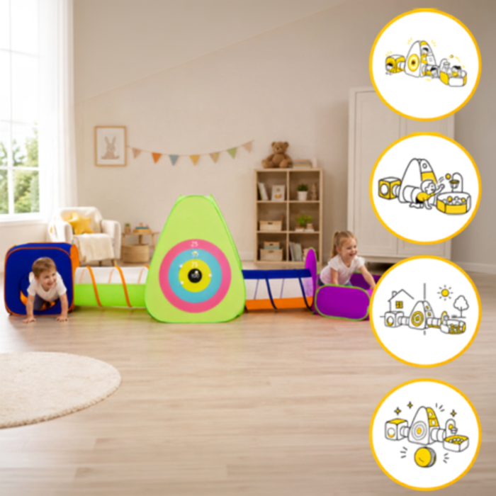 Cort de joaca pentru copii 5 in 1 VarioShop®, cu 3 corturi, 2 tuneluri, piscina cu 100 de bile si geanta de transport, 517 cm, multicolor [7]