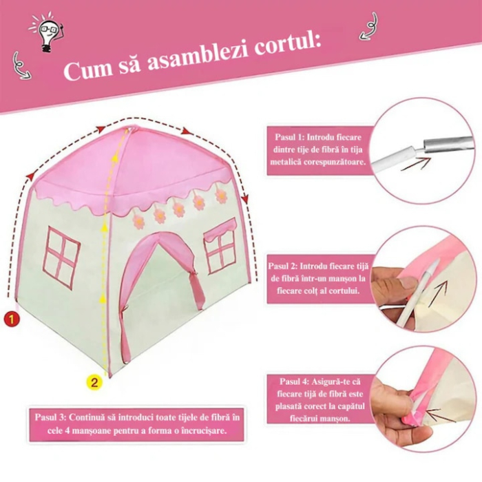Cort de joaca pentru copii VarioShop®, design modern si atractiv, material textil roz, pliabil si durabil, inaltime 140 cm, latime 125 cm, Roz [3]