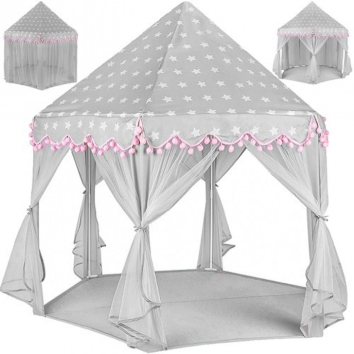 Cort de joaca pentru copii VarioShop®, Varf Conic, Perdele Transparente, Dimensiuni Generoase, Instalare Usoara, pentru Interior/Exterior, 123 x 123 x 140cm, Roz/Gri [1]