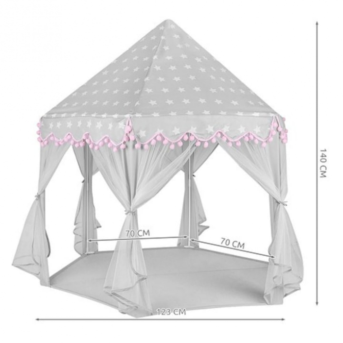 Cort de joaca pentru copii VarioShop®, Varf Conic, Perdele Transparente, Dimensiuni Generoase, Instalare Usoara, pentru Interior/Exterior, 123 x 123 x 140cm, Roz/Gri [14]