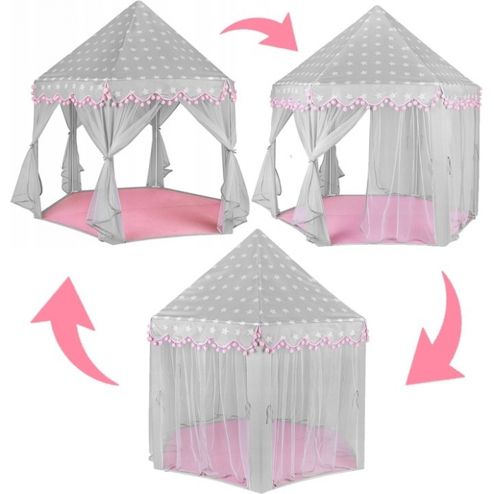 Cort de joaca pentru copii VarioShop®, Varf Conic, Perdele Transparente, Dimensiuni Generoase, Instalare Usoara, pentru Interior/Exterior, 123 x 123 x 140cm, Roz/Gri [4]