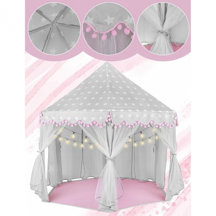 Cort de joaca pentru copii VarioShop®, Varf Conic, Perdele Transparente, Dimensiuni Generoase, Instalare Usoara, pentru Interior/Exterior, 123 x 123 x 140cm, Roz/Gri [3]