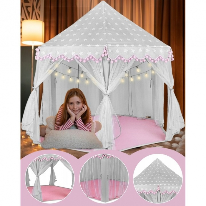 Cort de joaca pentru copii VarioShop®, Varf Conic, Perdele Transparente, Dimensiuni Generoase, Instalare Usoara, pentru Interior/Exterior, 123 x 123 x 140cm, Roz/Gri [2]