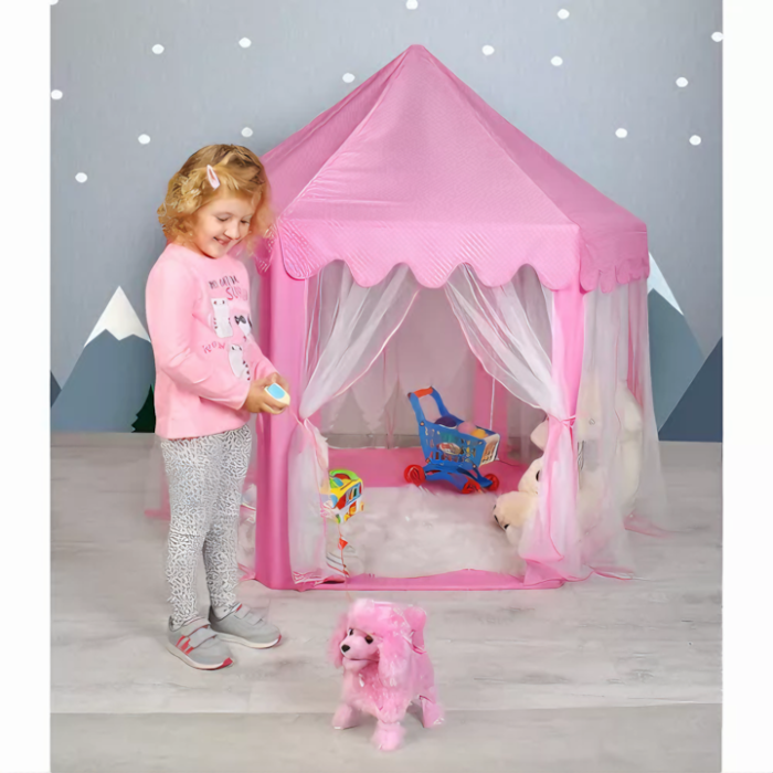 Cort de joaca pentru copii VarioShop®, Varf Conic, Perdele Transparente, Dimensiuni Generoase, Instalare Usoara, pentru Interior/Exterior, 135x135x140cm, Roz [7]