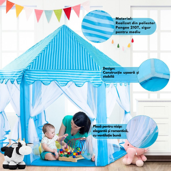 Cort de Joacă Tip Castel Albastru 54x55 inch pentru Copii VarioShop®, Spatiu Magic de Joacă pentru Imaginatie, Creativitate și Distractie în Siguranta [12]