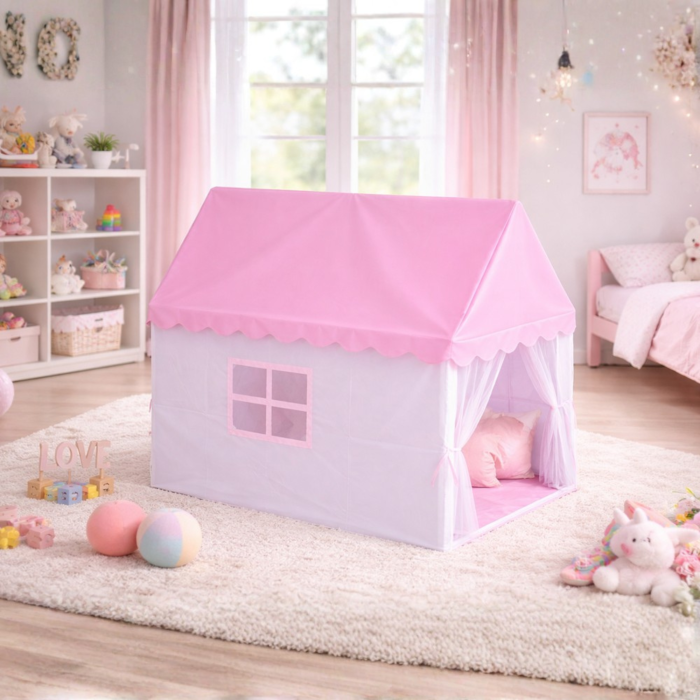 Cort de joaca tip castel VarioShop®, pentru copii, roz, cu 2 ferestre si intrare cu perdea, pentru interior si exterior, 130 x 98 x 125 cm [8]