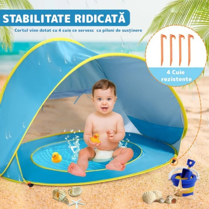 Cort de plaja portabil VarioShop®, adapost cu protectie UV pentru bebelusi si copii, cu piscina, POP-UP, 115 x 80 x 65 cm, Albastru [2]