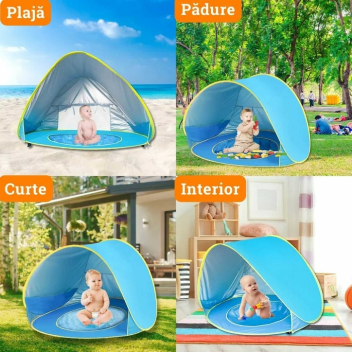 Cort de plaja portabil VarioShop®, adapost cu protectie UV pentru bebelusi si copii, cu piscina, POP-UP, 115 x 80 x 65 cm, Albastru [5]