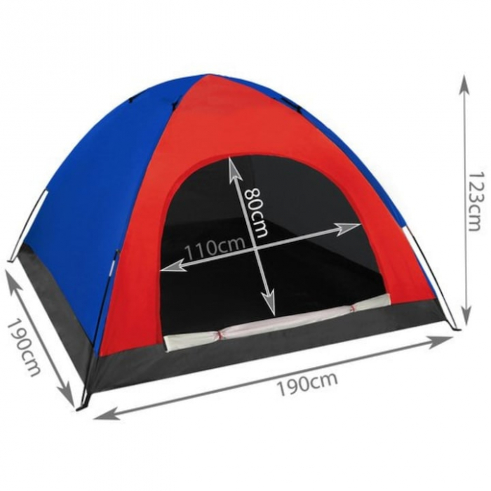 Cort pentru camping VarioShop®, potrivit pentru 2-4 persoane, impermeabil, protectie anti-insecte, husa de ploaie, compact, pliabil, 190 x 190 x 123 cm, Rosu/Albastru [6]