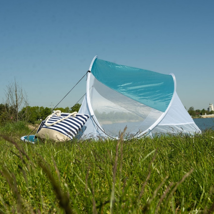 Cort plaja semideschis VarioShop®, turistic, montare rapida POP-UP, protectie UV si rezistent la vant, 220 x 120 x 90 cm, Alb/Turcoaz [2]