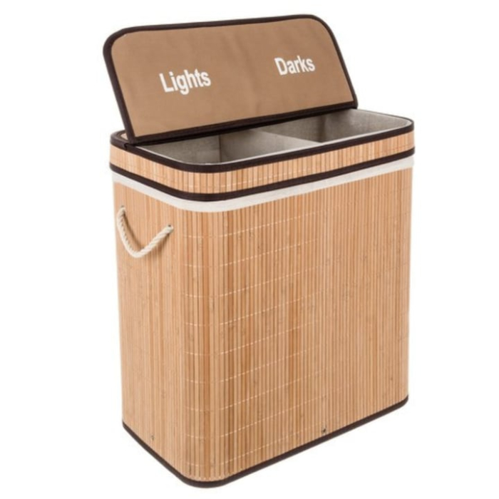 Cos de rufe din bambus VarioShop®, 100L, cu doua compartimente, husa textila detasabila, 60 x 54 x 35 cm, crem [10]