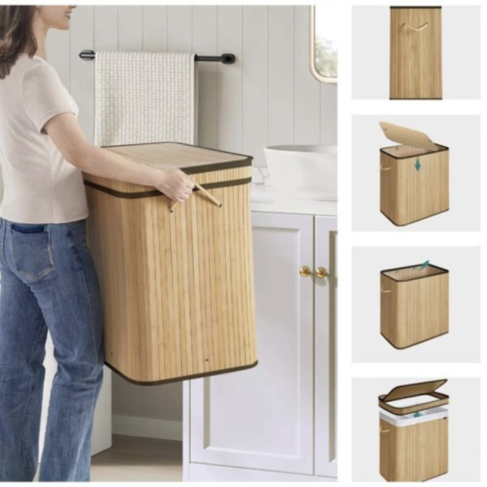 Cos de rufe din bambus VarioShop®, 100L, cu doua compartimente, husa textila detasabila, 60 x 54 x 35 cm, crem [2]