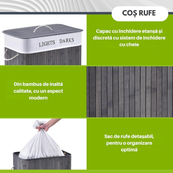 Cos de rufe din bambus, VarioShop®, multifunctional, 2 compartimente, sac detasabil, 100 L, 53 x 33 x 60 cm, Gri [4]
