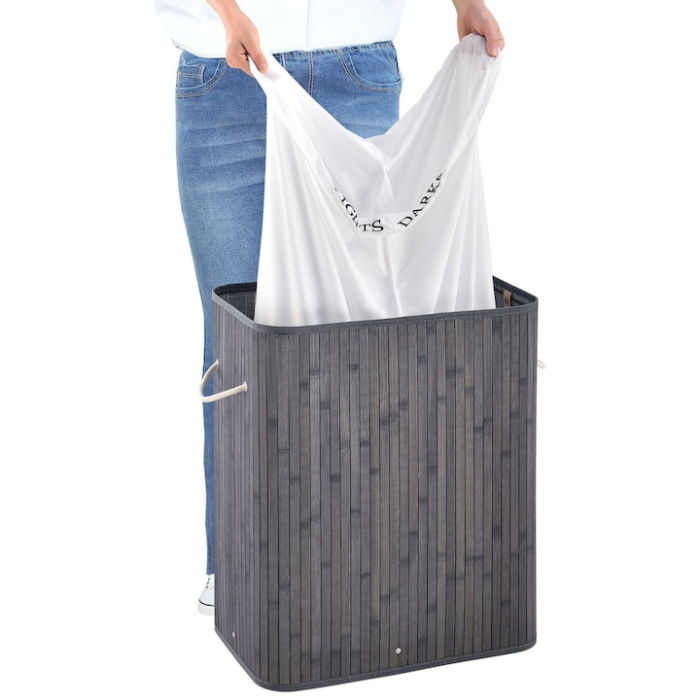 Cos de rufe din bambus, VarioShop®, multifunctional, 2 compartimente, sac detasabil, 100 L, 53 x 33 x 60 cm, Gri [6]