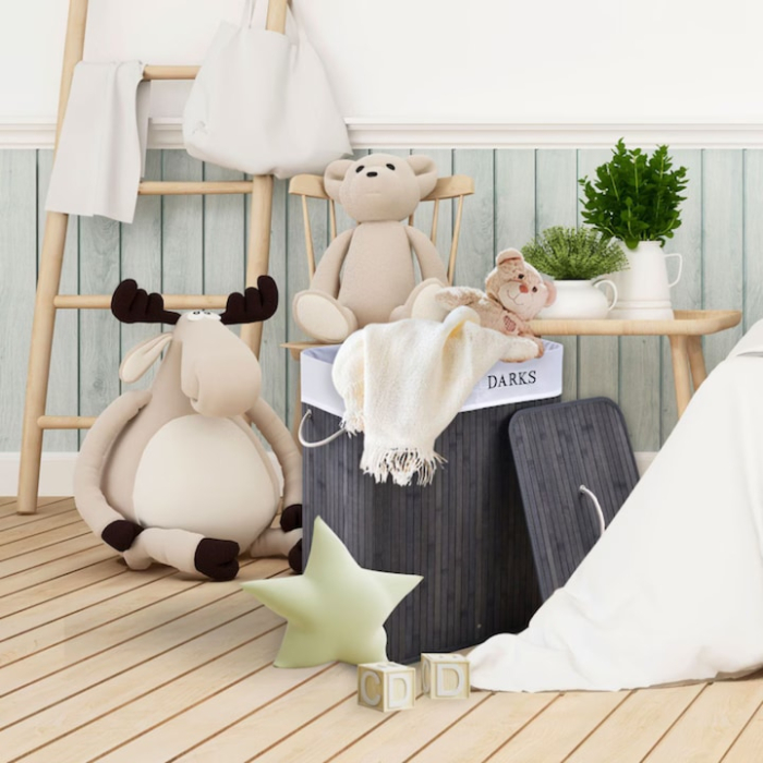 Cos de rufe din bambus, VarioShop®, multifunctional, 2 compartimente, sac detasabil, 100 L, 53 x 33 x 60 cm, Gri [8]