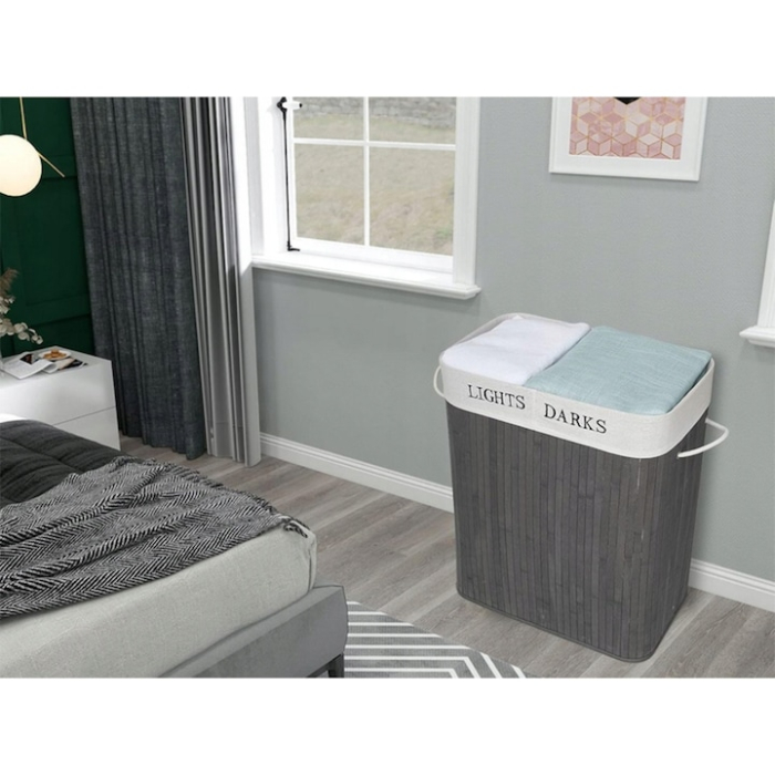 Cos de rufe din bambus, VarioShop®, multifunctional, 2 compartimente, sac detasabil, 100 L, 53 x 33 x 60 cm, Gri [5]