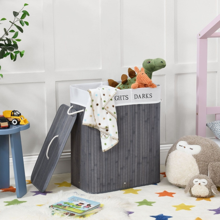 Cos de rufe din bambus, VarioShop®, multifunctional, 2 compartimente, sac detasabil, 100 L, 53 x 33 x 60 cm, Gri [7]