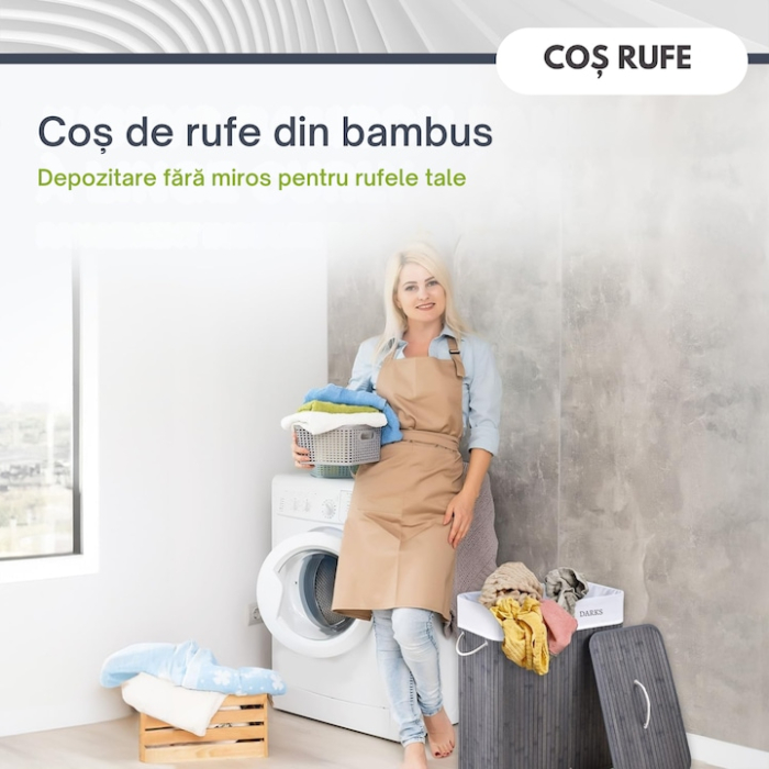 Cos de rufe din bambus, VarioShop®, multifunctional, 2 compartimente, sac detasabil, 100 L, 53 x 33 x 60 cm, Gri [2]