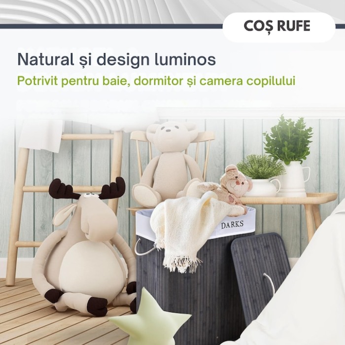 Cos de rufe din bambus, VarioShop®, multifunctional, 2 compartimente, sac detasabil, 100 L, 53 x 33 x 60 cm, Gri [3]