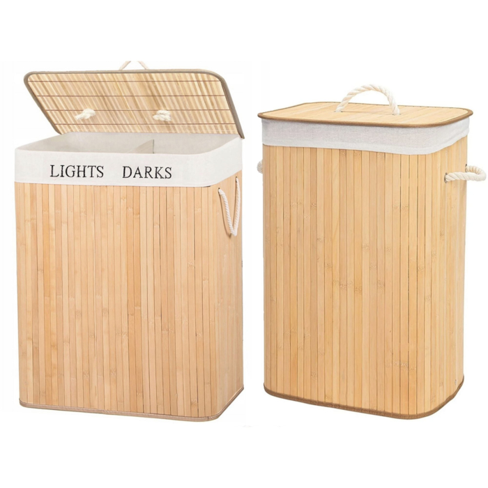 Cos de rufe din bambus, VarioShop, multifunctional, 2 compartimente, sac detasabil, 53 x 33 x 60 cm, Crem [6]