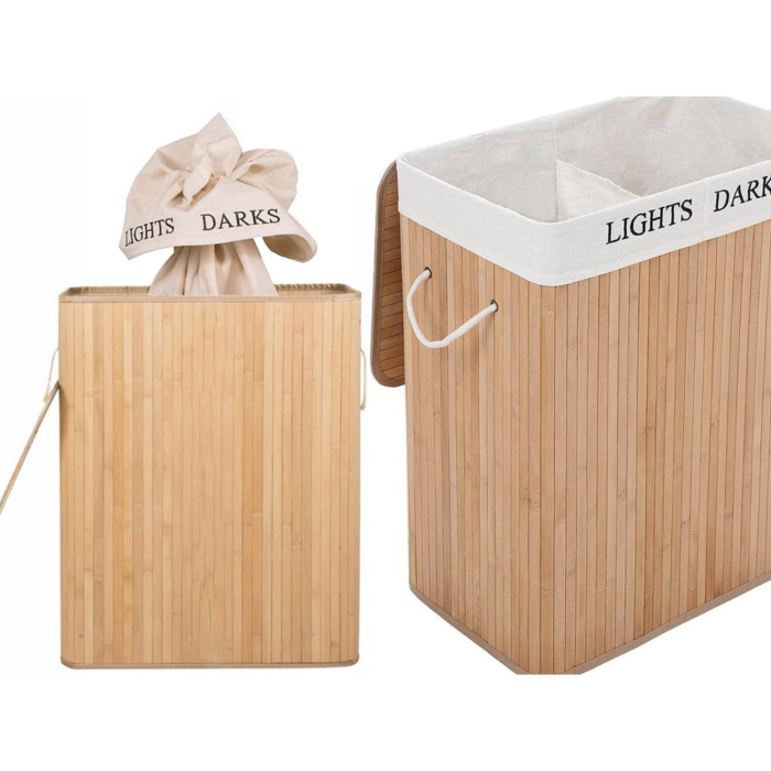 Cos de rufe din bambus, VarioShop, multifunctional, 2 compartimente, sac detasabil, 53 x 33 x 60 cm, Crem [11]