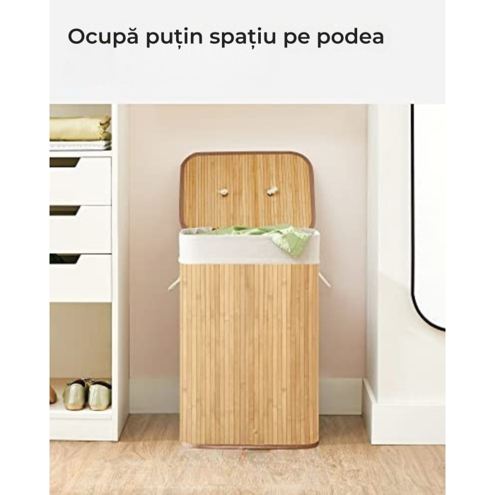Cos de rufe din bambus, VarioShop, multifunctional, 2 compartimente, sac detasabil, 53 x 33 x 60 cm, Crem [4]