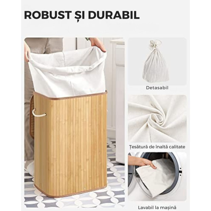 Cos de rufe din bambus, VarioShop, multifunctional, 2 compartimente, sac detasabil, 53 x 33 x 60 cm, Crem [2]