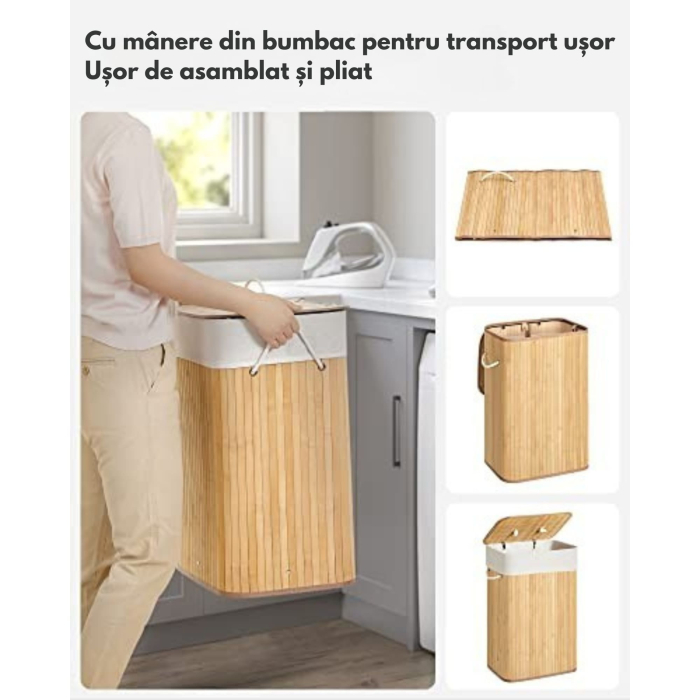 Cos de rufe din bambus, VarioShop, multifunctional, 2 compartimente, sac detasabil, 53 x 33 x 60 cm, Crem [5]