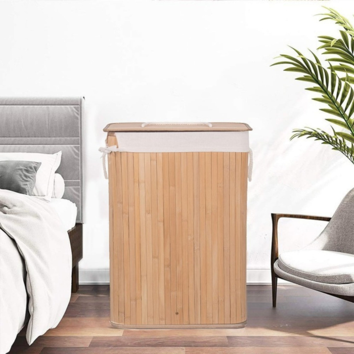 Cos de rufe din bambus, VarioShop, multifunctional, 2 compartimente, sac detasabil, 53 x 33 x 60 cm, Crem [14]