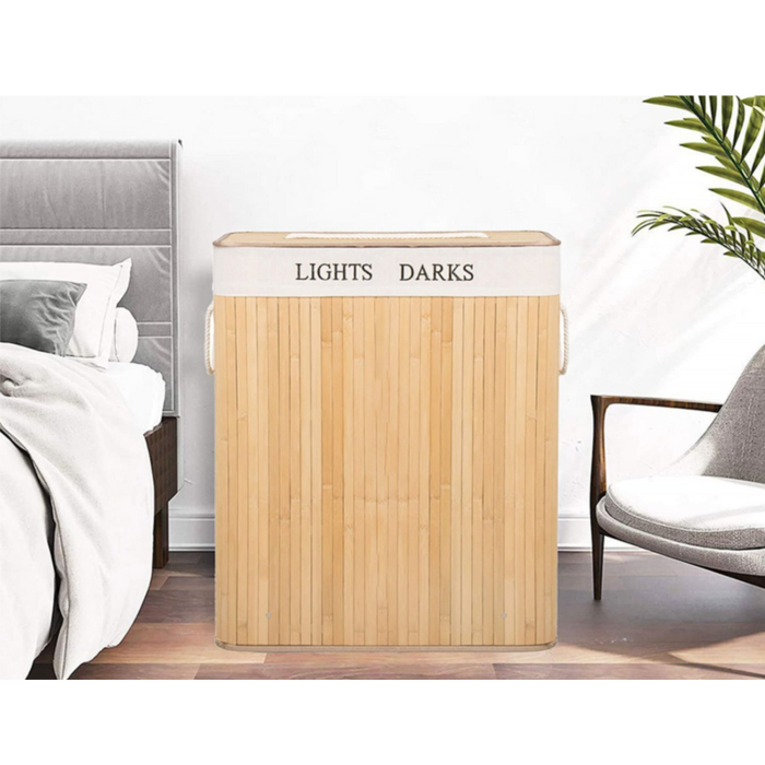 Cos de rufe din bambus, VarioShop, multifunctional, 2 compartimente, sac detasabil, 53 x 33 x 60 cm, Crem [10]