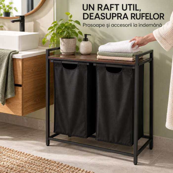 Cos de rufe VarioShop, pentru sortare, 2 compartimente extractibile, raft, picioare reglabile, otel si PAL, 92 L, negru/stejar invechit [7]