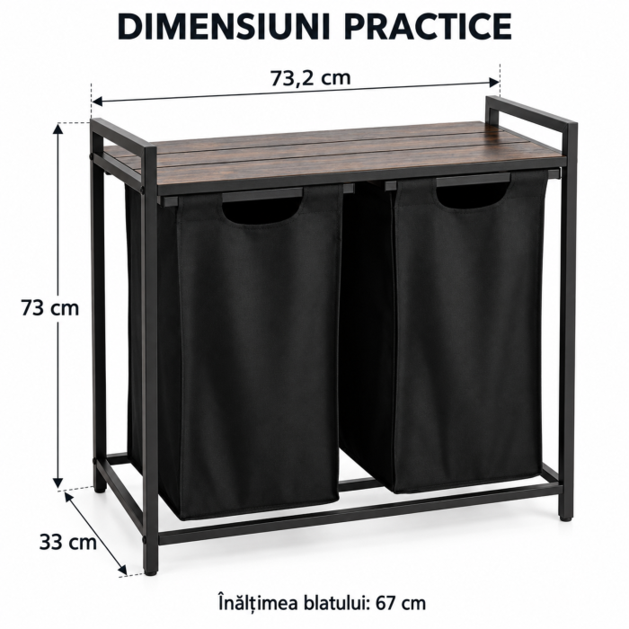 Cos de rufe VarioShop, pentru sortare, 2 compartimente extractibile, raft, picioare reglabile, otel si PAL, 92 L, negru/stejar invechit [3]