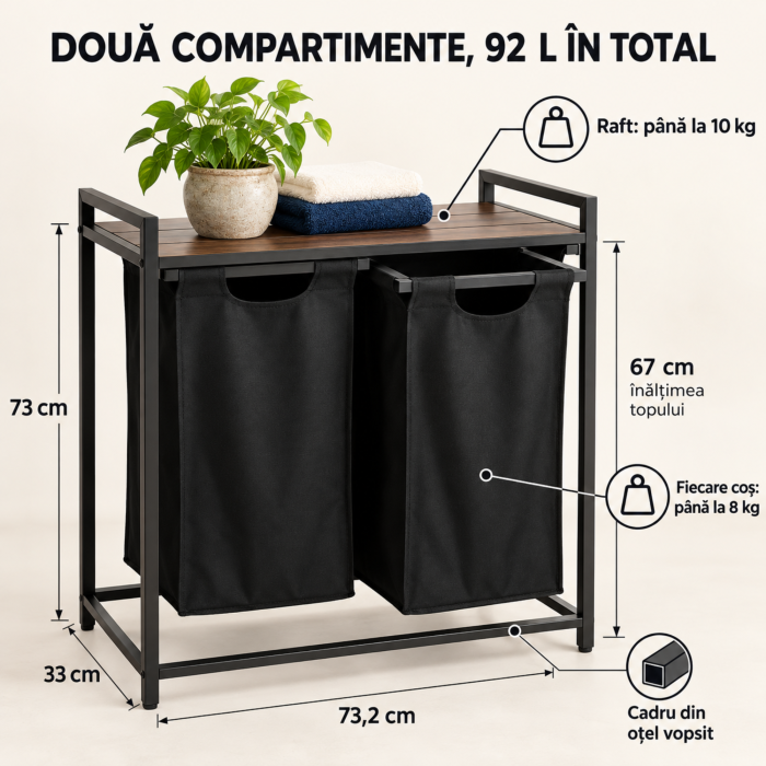 Cos de rufe VarioShop, pentru sortare, 2 compartimente extractibile, raft, picioare reglabile, otel si PAL, 92 L, negru/stejar invechit [2]
