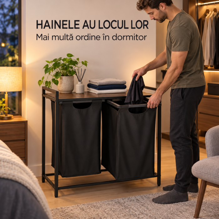 Cos de rufe VarioShop, pentru sortare, 2 compartimente extractibile, raft, picioare reglabile, otel si PAL, 92 L, negru/stejar invechit [5]