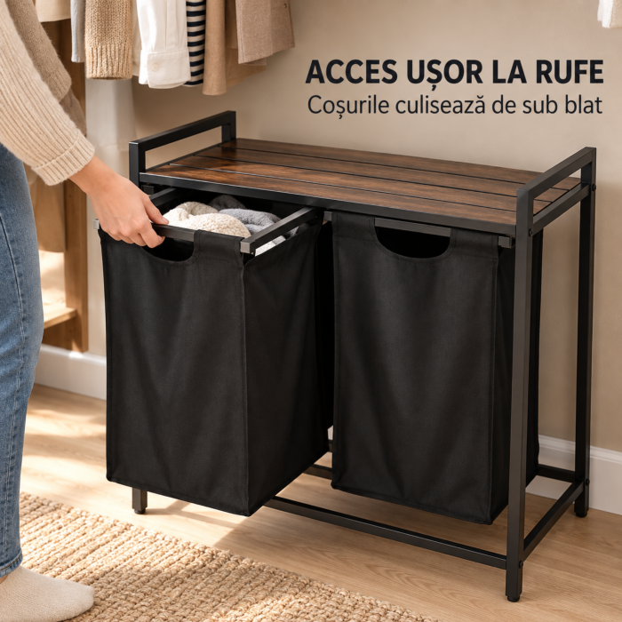 Cos de rufe VarioShop, pentru sortare, 2 compartimente extractibile, raft, picioare reglabile, otel si PAL, 92 L, negru/stejar invechit [8]