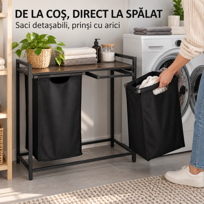 Cos de rufe VarioShop, pentru sortare, 2 compartimente extractibile, raft, picioare reglabile, otel si PAL, 92 L, negru/stejar invechit [6]