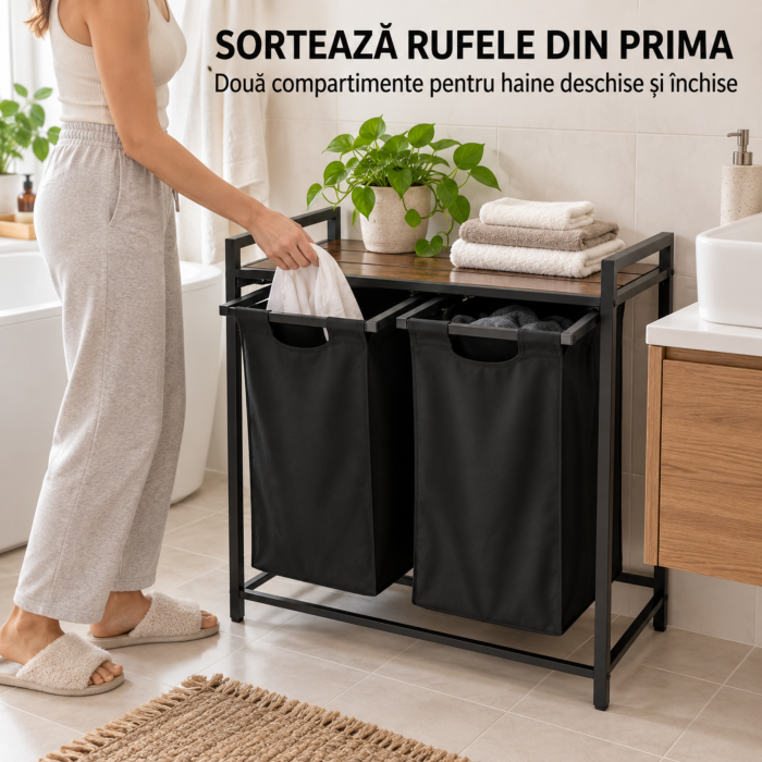Cos de rufe VarioShop, pentru sortare, 2 compartimente extractibile, raft, picioare reglabile, otel si PAL, 92 L, negru/stejar invechit [4]