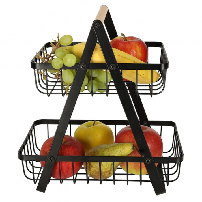 Cos metalic pentru fucte si legume VarioShop®, 2 niveluri, maner din lemn, design elegant, economisire spatiu, 27 x 17 x 29.5 cm, Negru [12]
