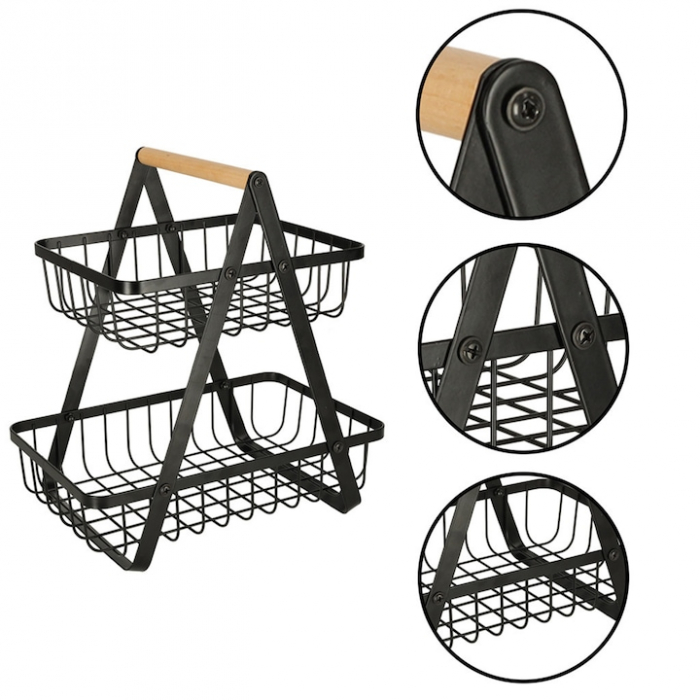 Cos metalic pentru fucte si legume VarioShop®, 2 niveluri, maner din lemn, design elegant, economisire spatiu, 27 x 17 x 29.5 cm, Negru [14]