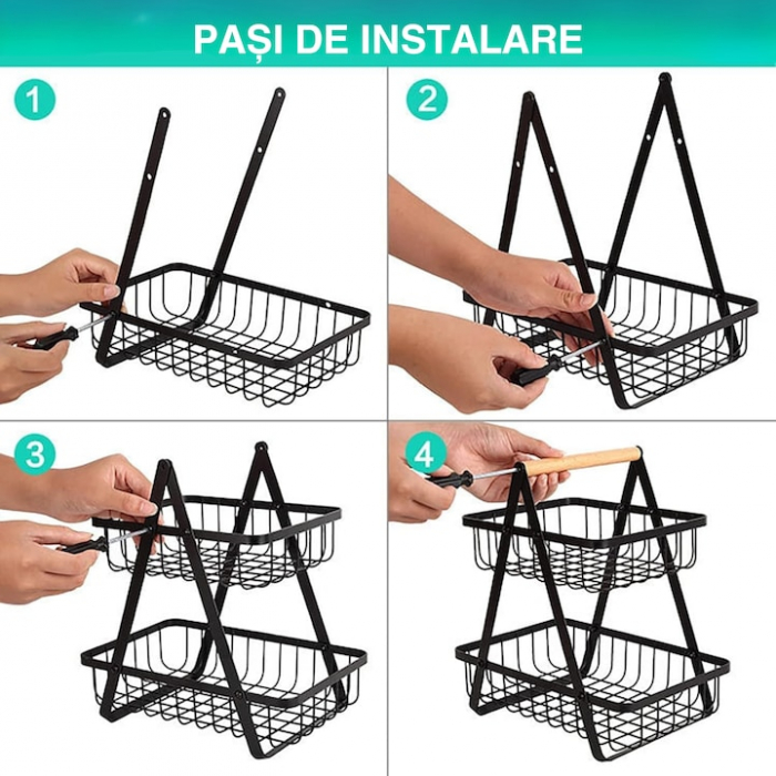 Cos metalic pentru fucte si legume VarioShop®, 2 niveluri, maner din lemn, design elegant, economisire spatiu, 27 x 17 x 29.5 cm, Negru [3]