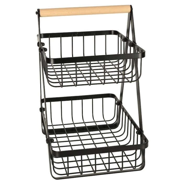 Cos metalic pentru fucte si legume VarioShop®, 2 niveluri, maner din lemn, design elegant, economisire spatiu, 27 x 17 x 29.5 cm, Negru [16]