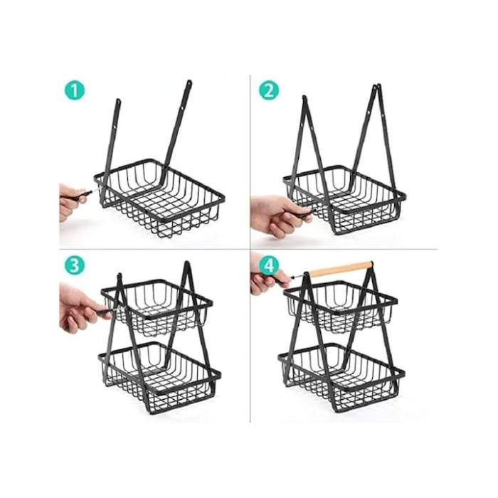 Cos metalic pentru fucte si legume VarioShop®, 2 niveluri, maner din lemn, design elegant, economisire spatiu, 27 x 17 x 29.5 cm, Negru [6]