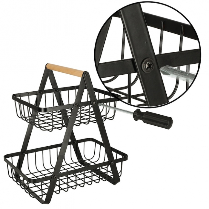 Cos metalic pentru fucte si legume VarioShop®, 2 niveluri, maner din lemn, design elegant, economisire spatiu, 27 x 17 x 29.5 cm, Negru [9]