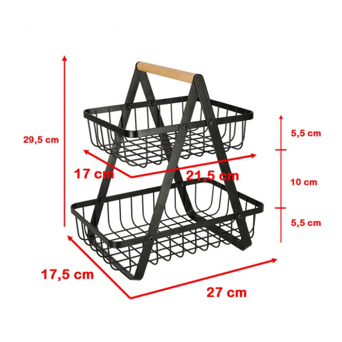 Cos metalic pentru fucte si legume VarioShop®, 2 niveluri, maner din lemn, design elegant, economisire spatiu, 27 x 17 x 29.5 cm, Negru [10]