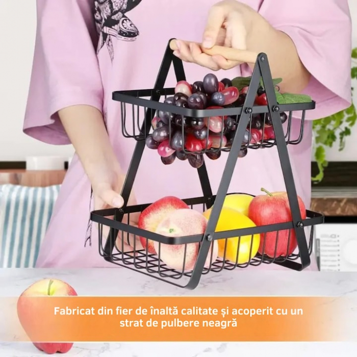 Cos metalic pentru fucte si legume VarioShop®, 2 niveluri, maner din lemn, design elegant, economisire spatiu, 27 x 17 x 29.5 cm, Negru [2]