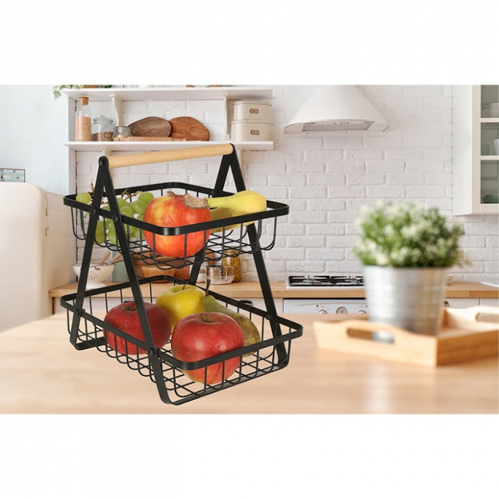 Cos metalic pentru fucte si legume VarioShop®, 2 niveluri, maner din lemn, design elegant, economisire spatiu, 27 x 17 x 29.5 cm, Negru [7]