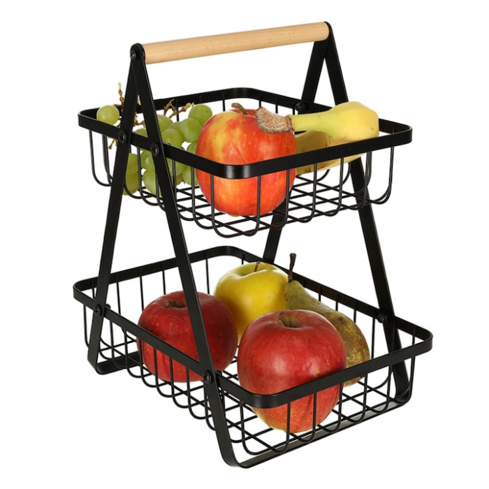 Cos metalic pentru fucte si legume VarioShop®, 2 niveluri, maner din lemn, design elegant, economisire spatiu, 27 x 17 x 29.5 cm, Negru [11]