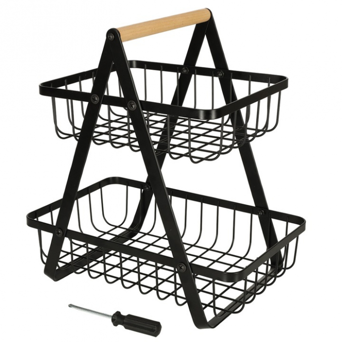 Cos metalic pentru fucte si legume VarioShop®, 2 niveluri, maner din lemn, design elegant, economisire spatiu, 27 x 17 x 29.5 cm, Negru [15]
