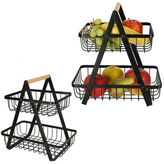 Cos metalic pentru fucte si legume VarioShop®, 2 niveluri, maner din lemn, design elegant, economisire spatiu, 27 x 17 x 29.5 cm, Negru [13]