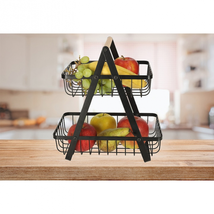 Cos metalic pentru fucte si legume VarioShop®, 2 niveluri, maner din lemn, design elegant, economisire spatiu, 27 x 17 x 29.5 cm, Negru [8]